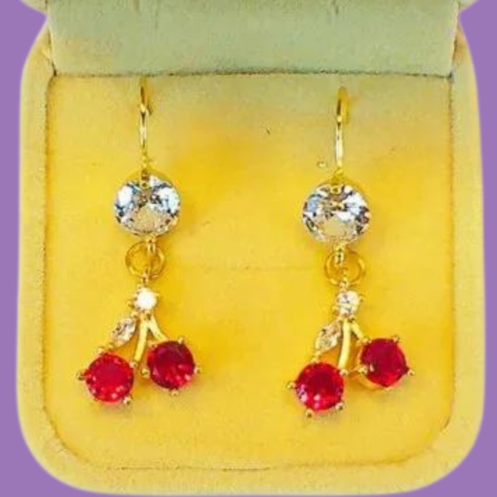 CZ Diamond and Ruby Cherry Drop Earrings